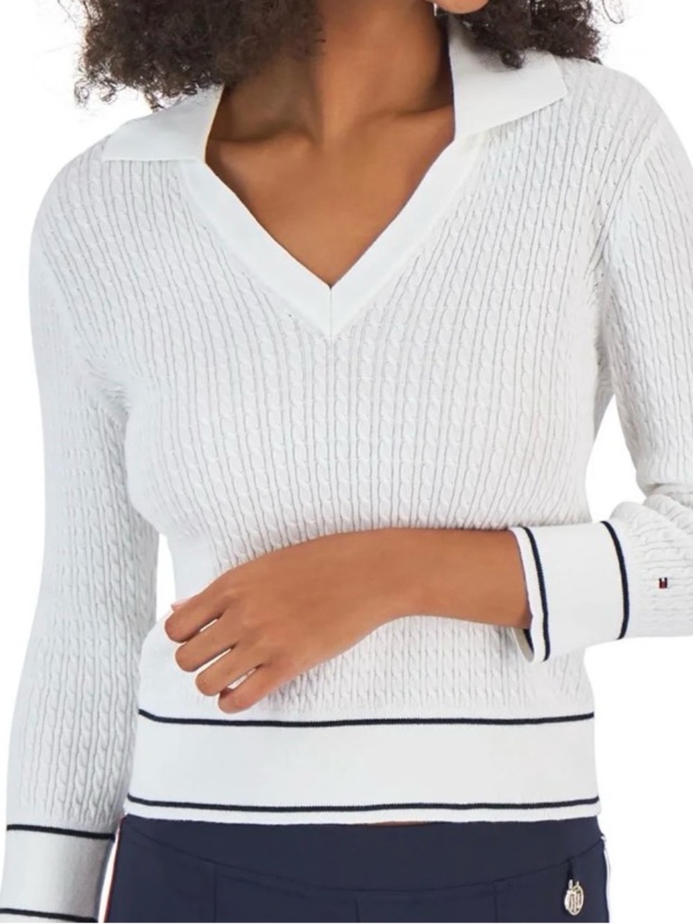 Tommy Hilfiger XL Ivy Collared V-neck White/Navy trim Cable knit 3/4 sweater